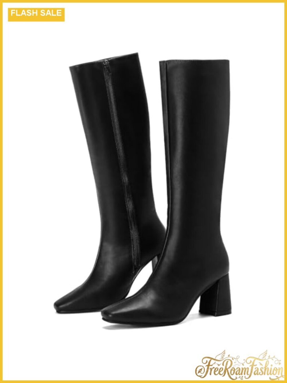 Knee High Dress Boots Square Toe Chunky Heel PU Leather Casual Fall Boots